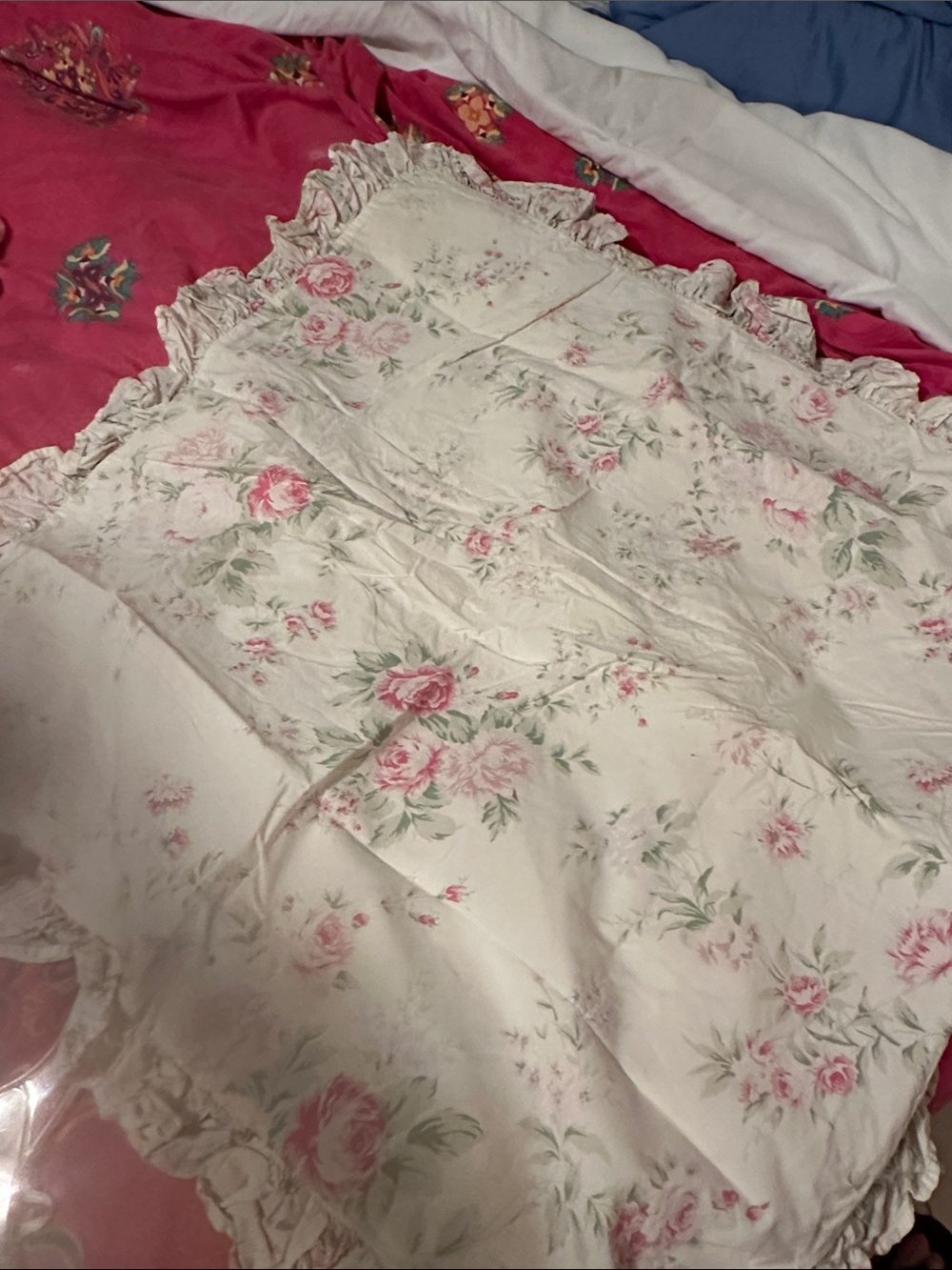 Shabby Chic Cream Pillow Sham with Pink Rose Print and Ruffle Trim